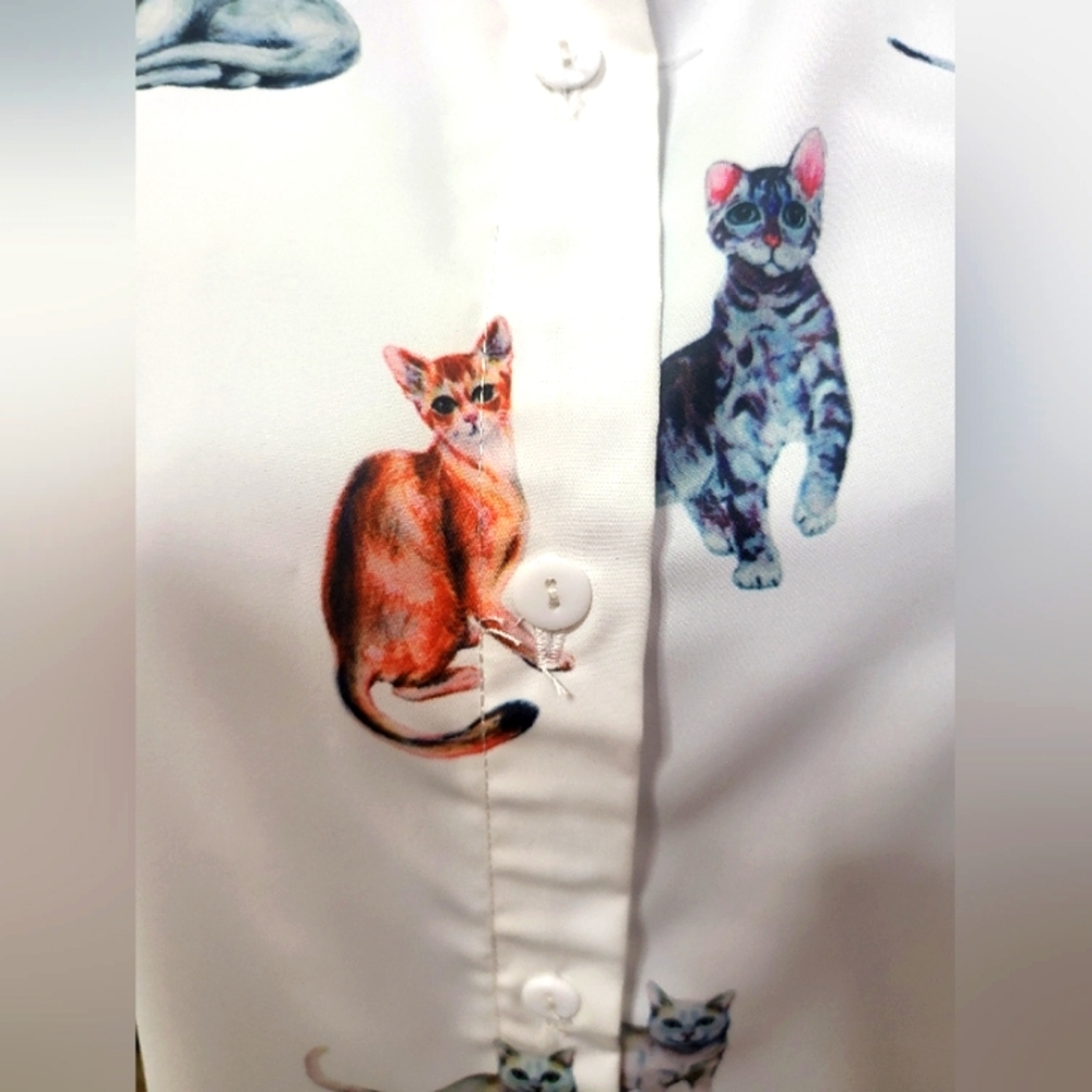 Cat Print Button Shirt Graphic Pattern Short Slee… - image 5